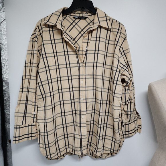 Zara Plaid Size Medium Tie Back Shirt Top Blouse Button Front Tan Gray womens - Picture 3 of 12